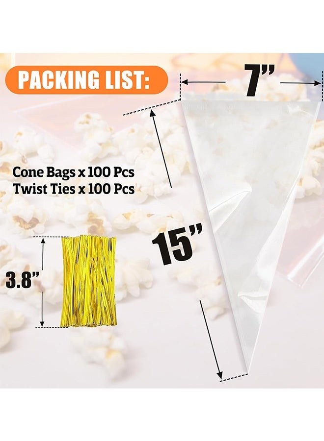 150 Pcs 7x14.6 Inch Cone Cellophane Treat Bags with Gold Twist Ties Clear Snack Wrapping Bags for Birthday Party Candy Popcorn Snack Wraps DIY Handmade Gifts Eid Celebrations - Image 5